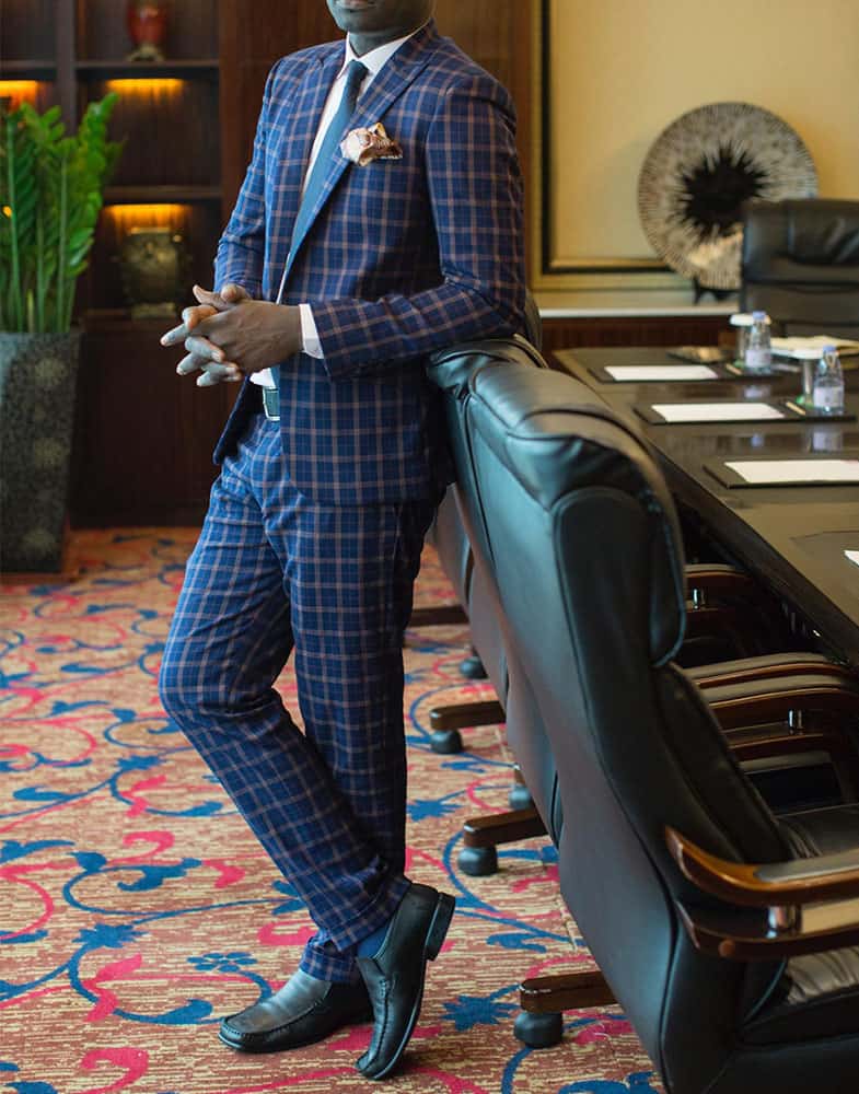 bespoke men's blue suit by Ghanaian tailor Adjei Anang in Accra